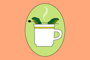 Illustration of a mug of hot coffee with two pickles in it